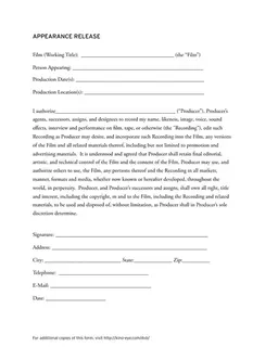 Appearance Release for Film Production and Usage form preview