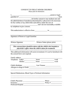 Child Medical Consent for Treatment and Anesthesia Authorization form preview