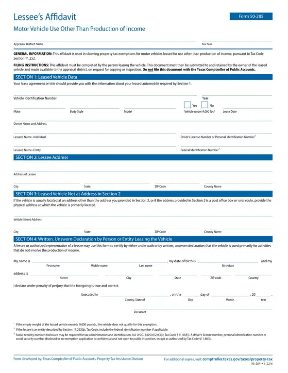 50-285 Lessee's Afficavit for Texas Property Tax Exemption on Leased Vehicles