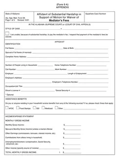 Ala. App. Med. Form 9A - Alabama Fee Waiver Request Due to Hardship form preview