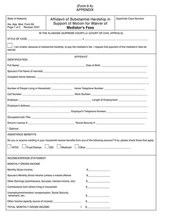 Ala. App. Med. Form 9A - Alabama Fee Waiver Request Due to Hardship