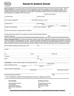 Canada WES Academic Records Transfer Request form preview