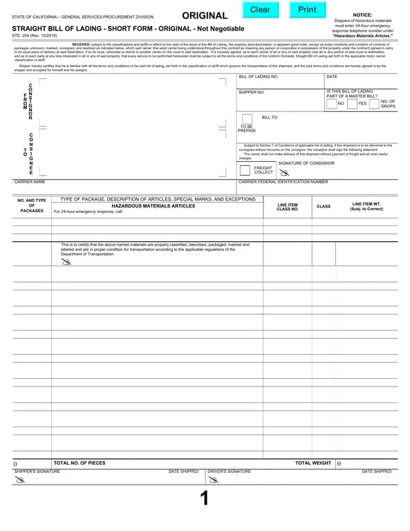 STD 254- California Straight Bill of Lading for Safe Transportation of Goods
