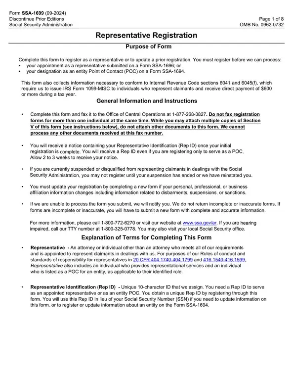 SSA-1699 Registration for Social Security Representatives and Point of Contact Designation