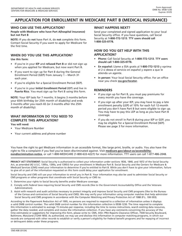 Social Security 40B - Enrollment in Medicare Part B Application Guide