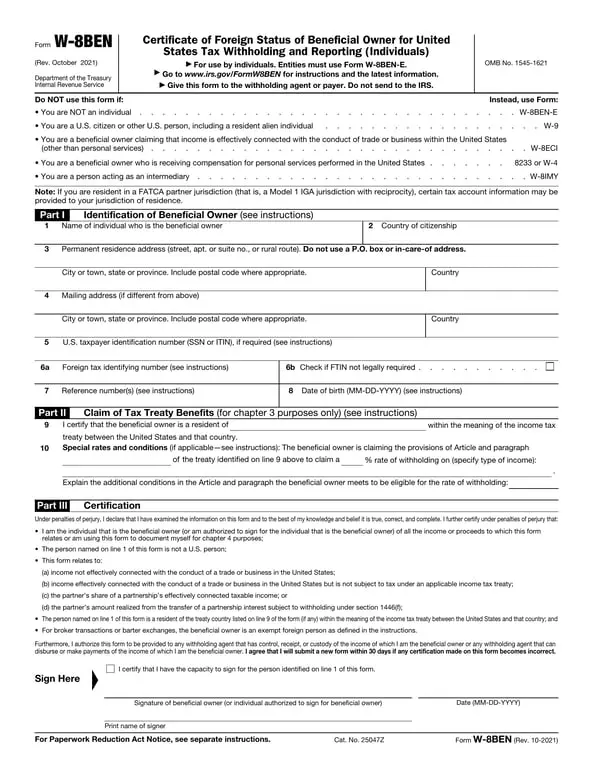 W8BEN - Certificate of Foreign Status for US Tax Procedures