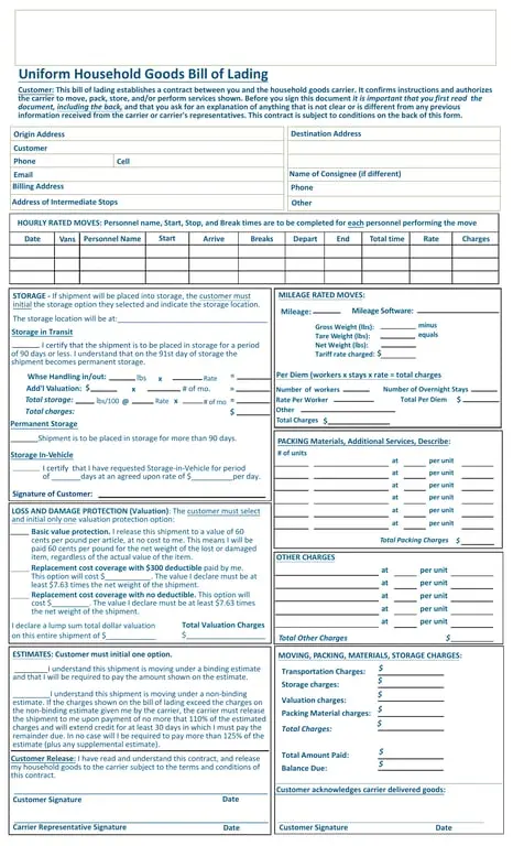 Washington Straight Bill of Lading - Binding and Non-Binding Moving Estimates with Goods Storage Clauses