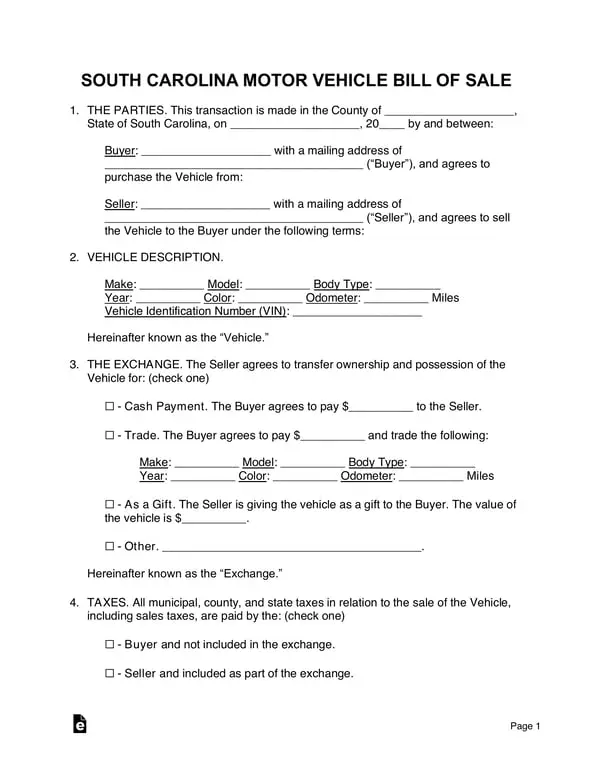 South Carolina Vehicle Sale and Purchase Agreement Details