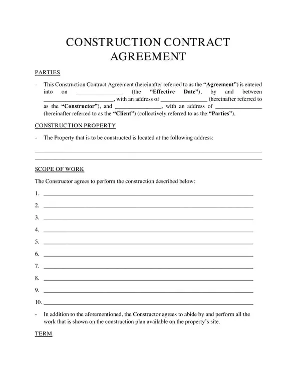 Construction Contract Agreement for Work Scope and Timeline Precision