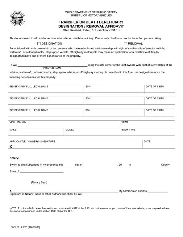 Ohio Transfer on Death BMV 3811 - Designate your Vehicle Beneficiary