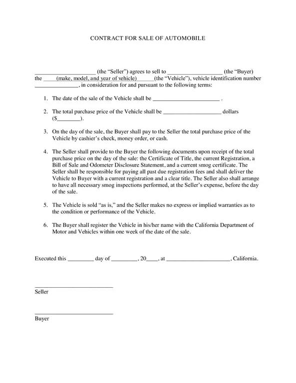 Automobile Sale Contract for Used Vehicles - Legally Validating Transfers and Transactions