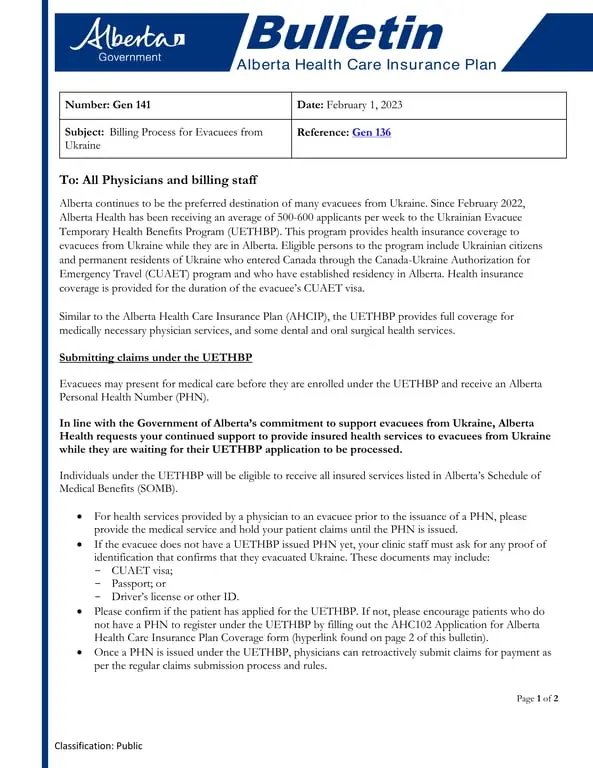 Alberta Health's Ukrainian Evacuee Temporary Health Benefits AHC0102
