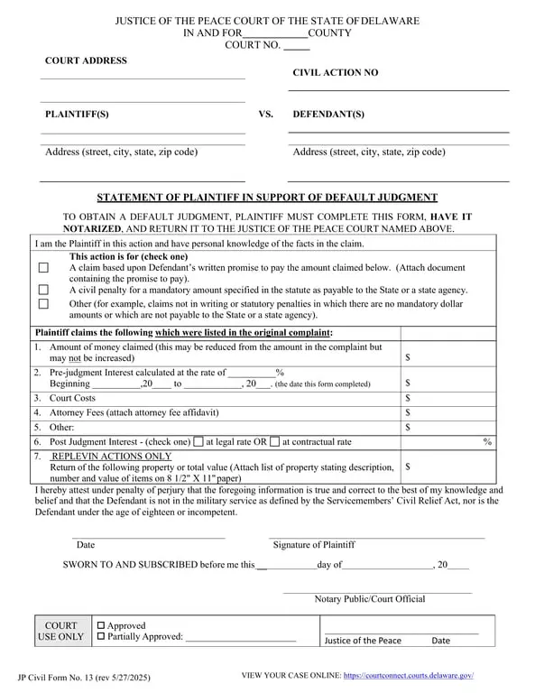 Delaware Justice of the Peace Court Document No. 13 - Affidavit for Requesting Default Judgment