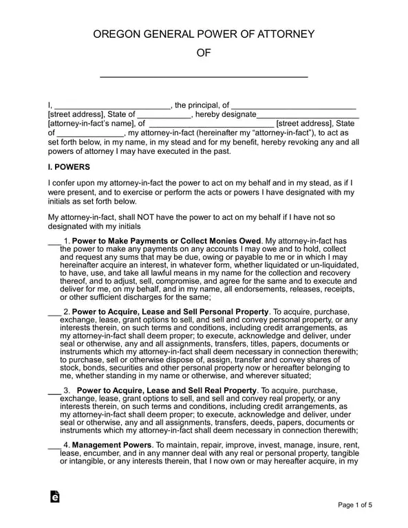 Oregon General Power of Attorney - Assigning Rights to Act as Attorney-in-Fact