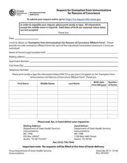 Vaccination Exemption Request Affidavit - Department of State Health Services form preview