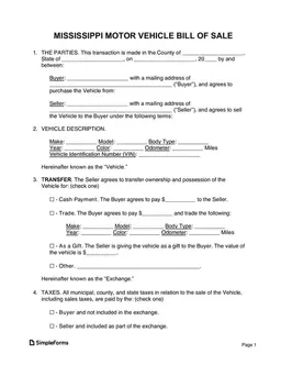 Mississippi Vehicle Ownership Transfer with Notary Acknowledgment form preview