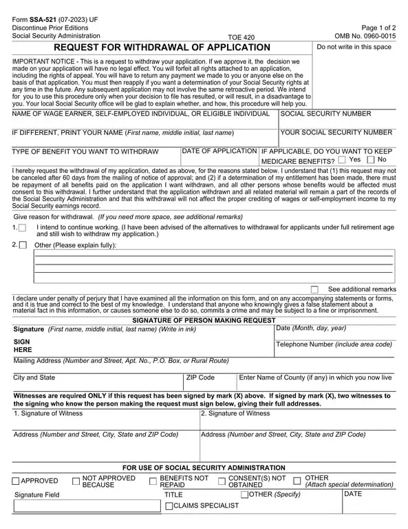 Social Security SSA-521 (07-2023) for Withdrawal of Application