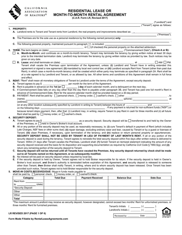 California Personal Residence Lease Agreement Details