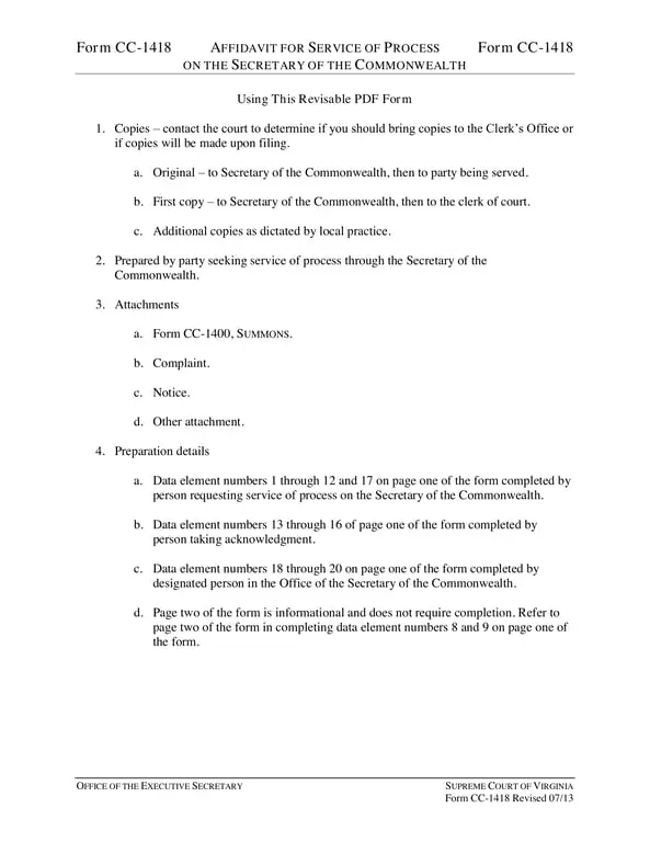 Virginia Service of Process Affidavit - CC-1418