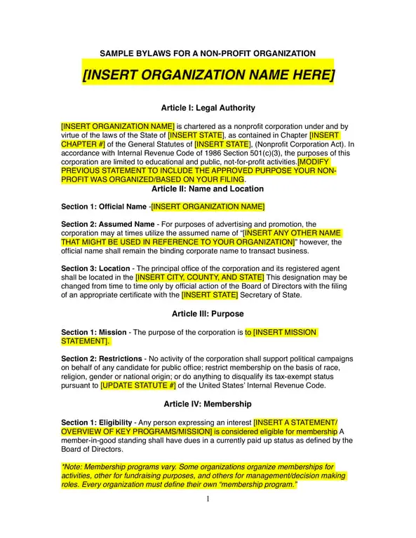 Non-Profit Bylaws Under State Law and Section 501(c)(3) Compliance Template