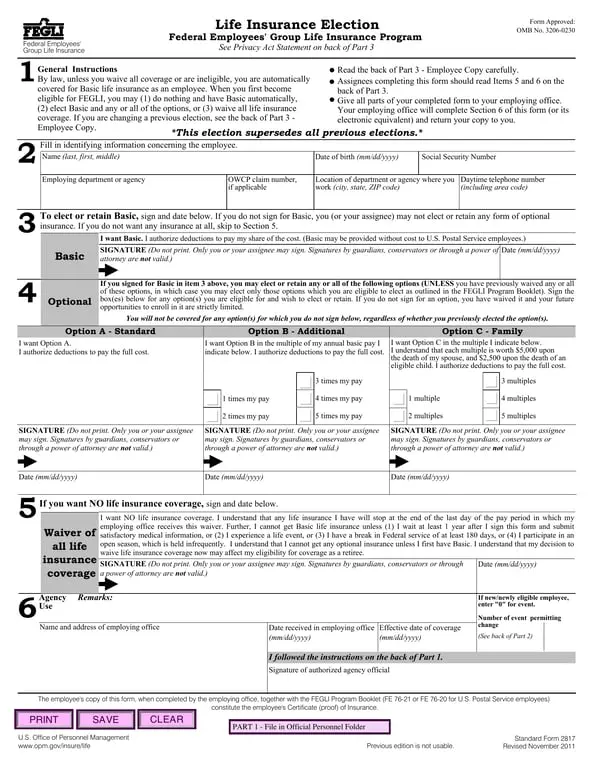 SF 2822 Request for Insurance FEGLI Program for Federal Employees