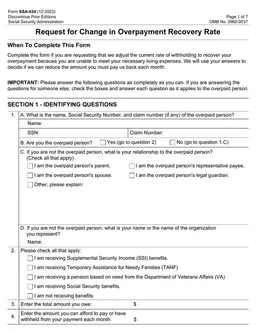 SSA-634 Overpayment Recovery Rate Adjustment Request in Social Security Administration form preview