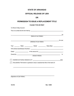 Arkansas Lien Release and Replacement Title Authorization form preview