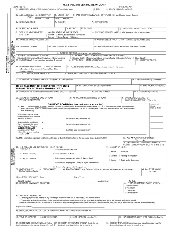 Certificate of Death Form