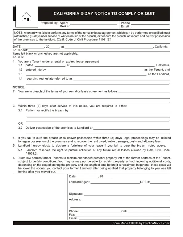 California 3-Day Tenant Violation Notice - Cure or Quit