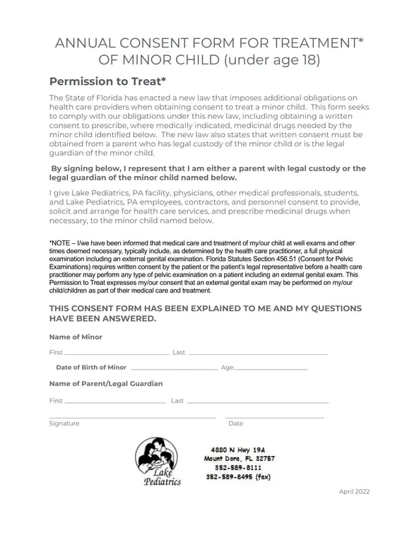 Florida Annual Child Medical Consent - Treatment and Travel Authorization