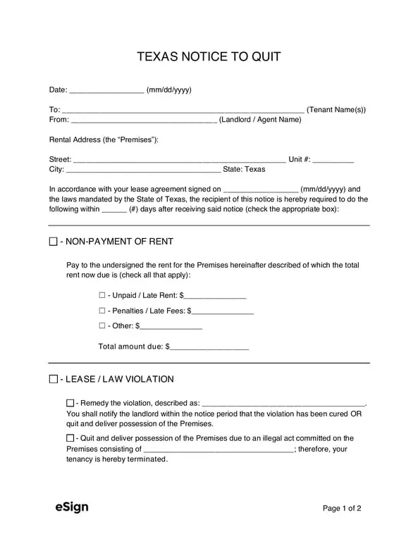 Texas Notice to Quit for Lease Violations and Overdue Rent