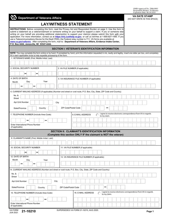 VA 21-10210 - Veterans Identification Information Lay/Witness Statement Assistance