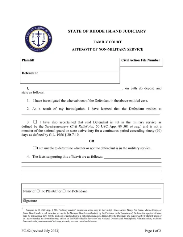 Rhode Island FC-52 Affidavit of Non-Military Service Details
