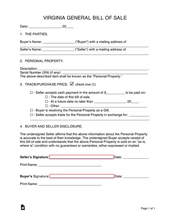 Virginia General Bill of Sale - Ownership Transfer Document