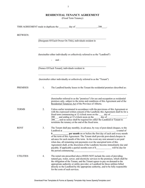 Alberta Residential Tenancy Agreement Fixed Term