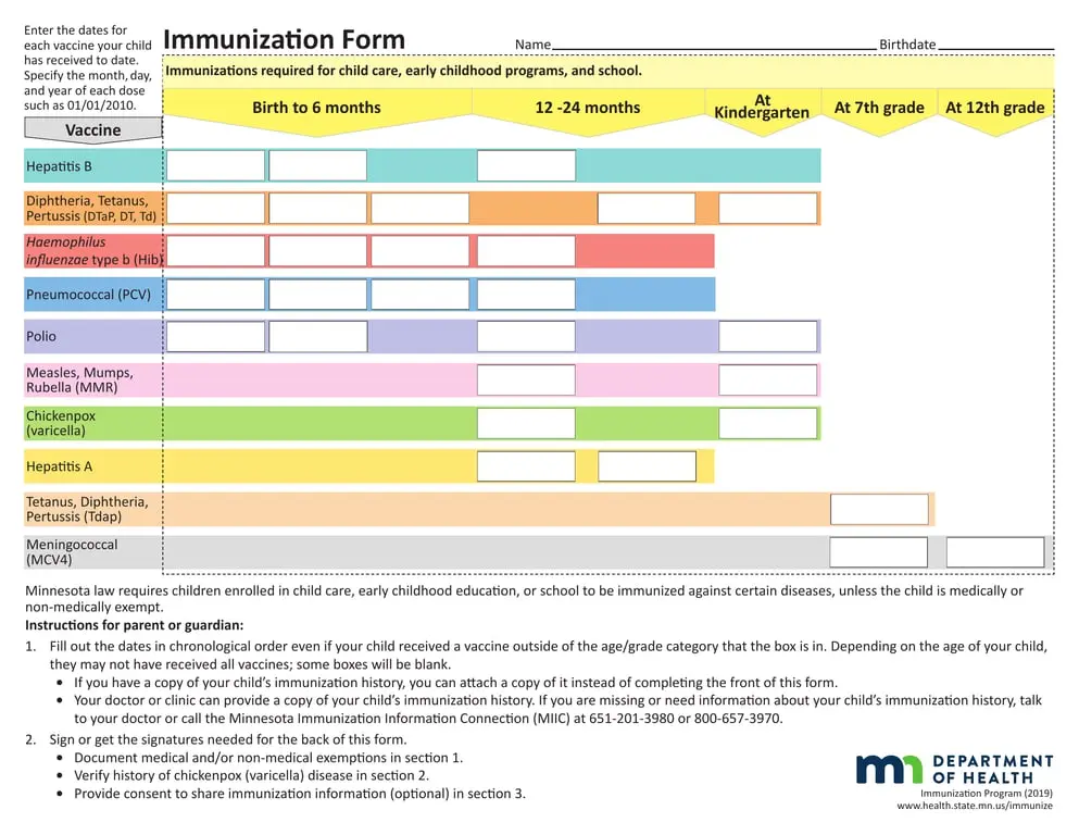 Minnesota Child Immunization Tracking 2019 - Vaccination Schedule and Record