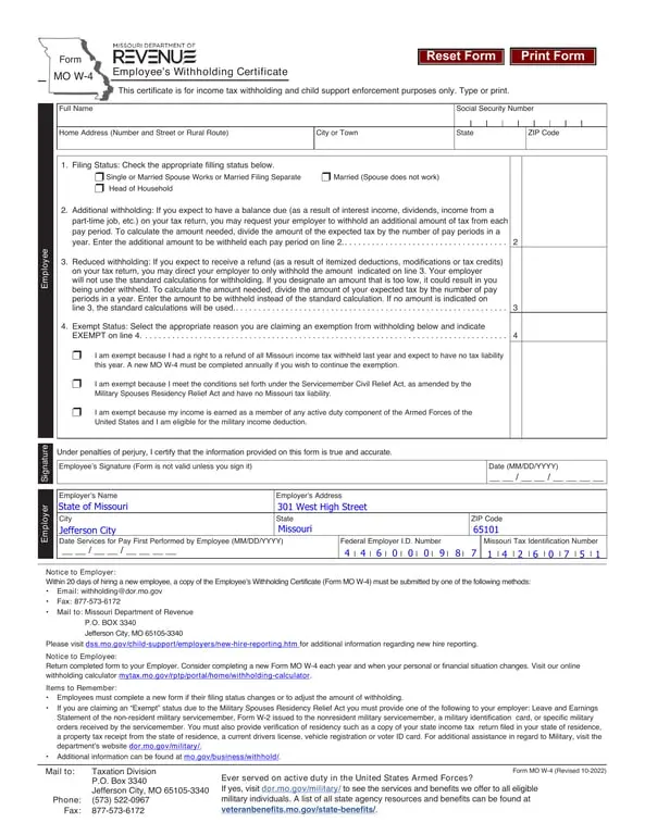 Missouri Pay Slip Tax Filing and Withholding Adjustments