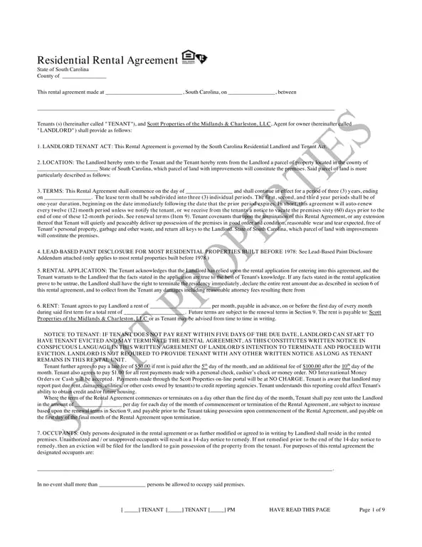 South Carolina Residential Rental Agreement - Scott Properties