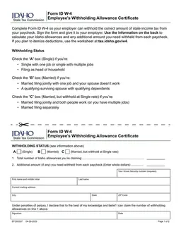 Idaho Employee’s Withholding Allowance Certificate ID W-4 form preview