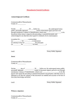 Massachusetts Notarial Certificates for Identity Verification and Voluntary Signing form preview