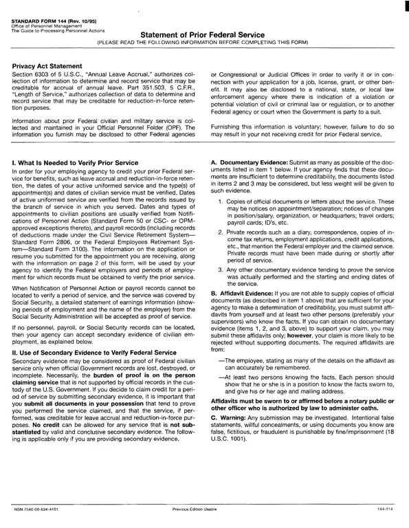 Standard Form 144 - Statement of Prior Federal Service Overview