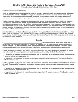 Directive to Physicians and Family - Advance Directives Act §166.033 form preview