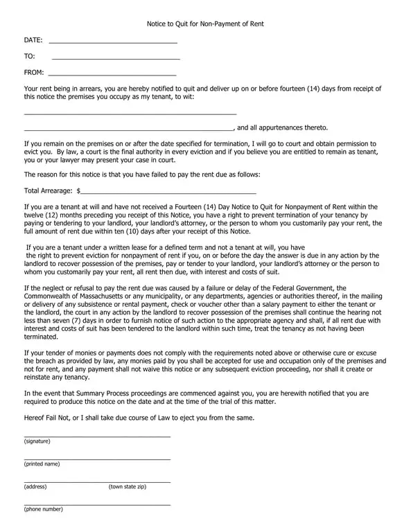 Massachusetts 14-Day Eviction Notice for Non-Payment of Rent