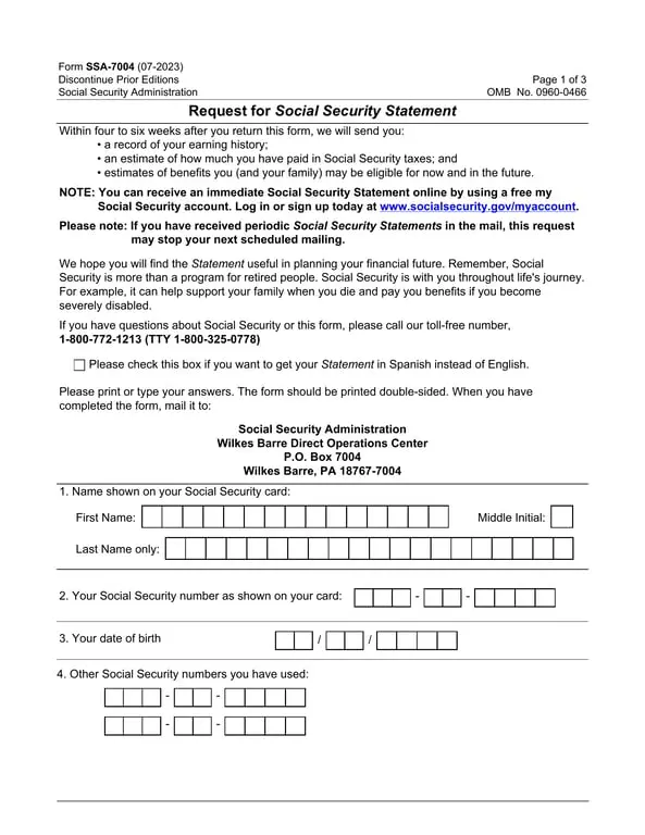 SSA-7004 - Request Your Social Security Statement Online