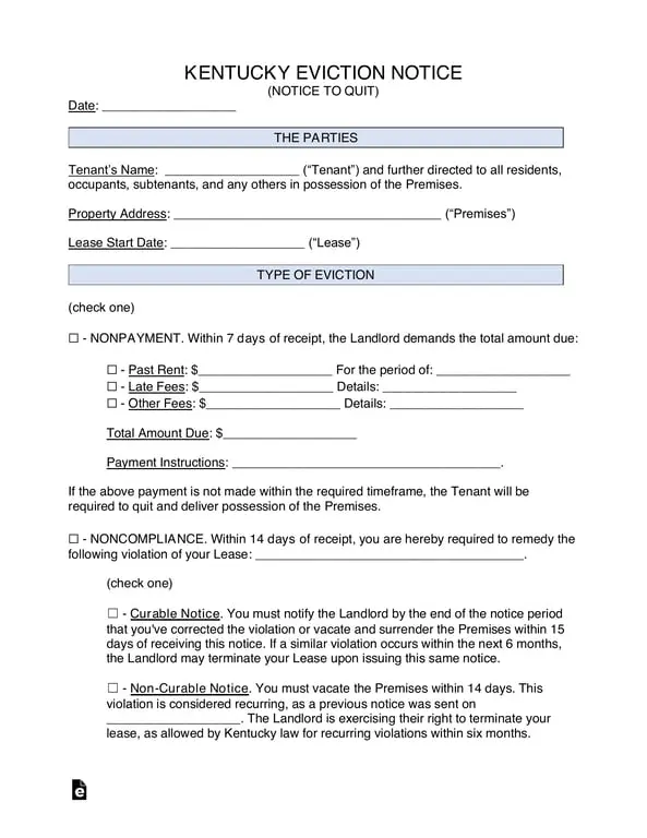 Kentucky Notice to Quit - Nonpayment or Noncompliance Evictions