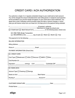 Auto Deduction Authorization - Credit Card and Bank Account form preview
