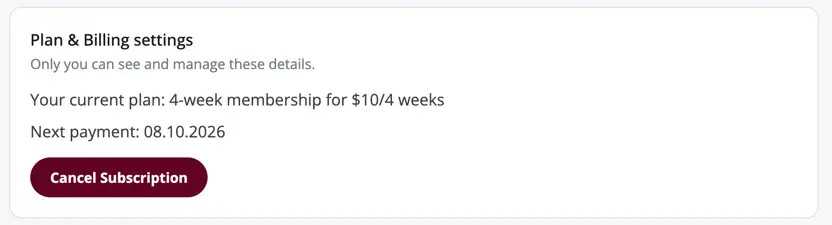 Plan & Billing settings with the ‘Cancel Subscription’ button